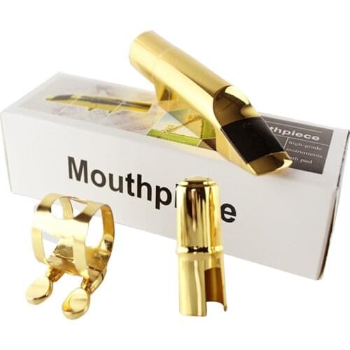 Brass Soprano & Tenor Sax Saxophone Mouthpiece Flat with Cap Metal Buckle Gold Suitable for novice & professional saxophonists