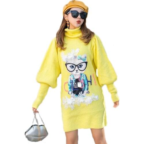 Fashion Streetwear 2020 Winter Warm Turtleneck Long Sweater Cartoon Sequined Beanding Solid Lace Embroidery Floral Pullovers