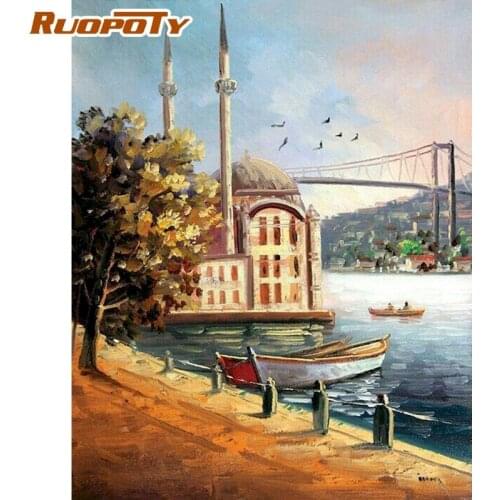 RUOPOTY Seaside Boat Landscape Painting By Numbers For Adults Children HandPainted Diy Framed Acrylic Paint Coloring Wall Decor