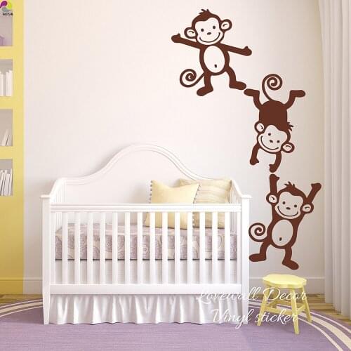 Set of 3 Monkey Wall Sticker Baby Nursery Kids Room Cartoon Cheeky Monkeys Animal Wall Decal Bedroom Living Room Vinyl Decor