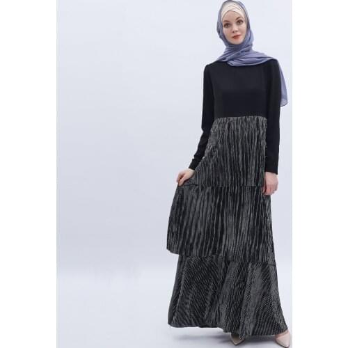 New Women Fashion Stitching Pleated Dress Muslim Arab Abaya Casual Elegant Cupcake Dress Islamic Turkey Dubai Ramadan Caftan