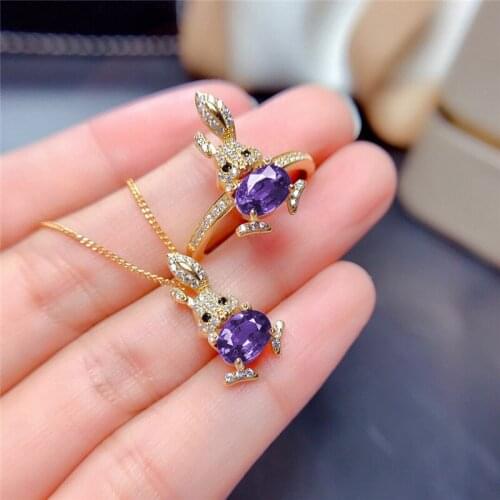Charm Purple Crystal Cute Rabbit Necklace Ring Sets Vintage Yellow Gold Animal Jewelry Sets For Women Luxury Bridal Wedding Set