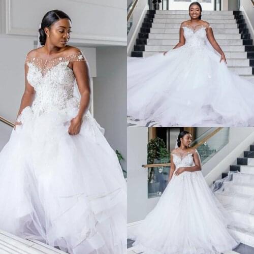 Off The Shoulder A Line Wedding Dresses 2023 African Lace Pearls Beaded Plus Size Bridal Gowns Tulle Sweep Train Vestidos De Nov