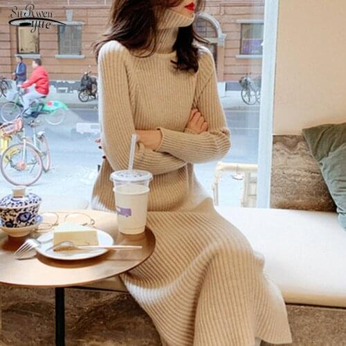 Mid-Calf Bodycon Night Dress Sexy Elegant Ladies Dresses New Autumn Winter Turtleneck Knitted Sweater Dress Women Vestidos 11736