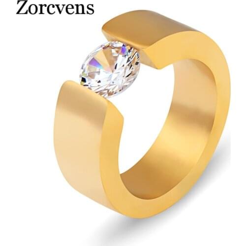 ZORCVENS Luxury CZ Zircon Ring for Men Women Black Gold Silver color Stainless Steel Engagement Jewelry