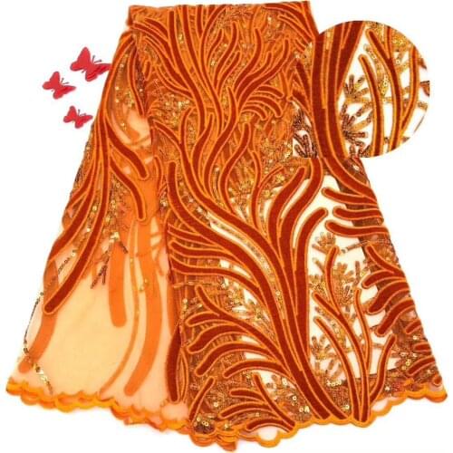 Burnt orange sequence African french velvet lace fabric 2019 high quality embroidered tulle mesh sequins lace for Nigerian dress