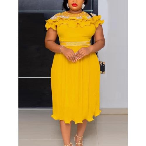 Classy Women Chiffon Dresses Beading Ruffles Pleated Dress Plus Size 3XL 4XL Africa Fashion Summer White Yellow Birthday Outfits