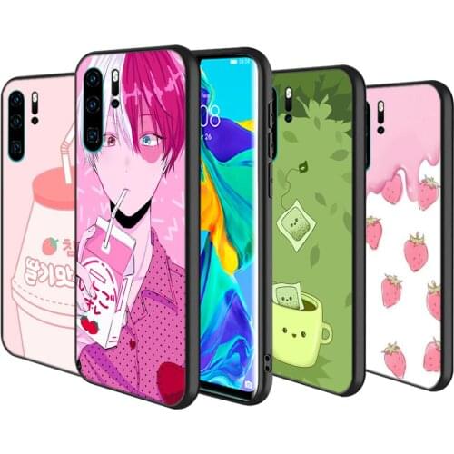 Silicone Cover Strawberry Milk Box For Huawei P40 P30 P20 Pro P10 P9 P8 Lite E Plus 2019 2017 Phone Case