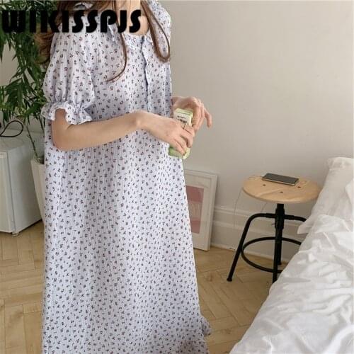 WIKISSPJS 2021 Summer New Idyllic Mini Floral Cotton Dress with Lotus Leaf Baby Collar Short Sleeve Nightgown Women Nightgown
