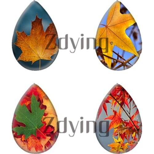 Zdying 10pcs/lot Yellow Red Maple Leaves Leaf Water Tear Drop Glass Photo Cabochon Demo Flat Back DIY Rings Jewelry Findings