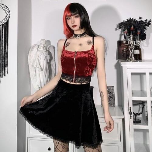 Velvet Lace Gothic Skirts Womens 2021 Summer Dark High Waist Black Mini Skirts Ruffles Print Pleated Patchwork Skirt Streetwear
