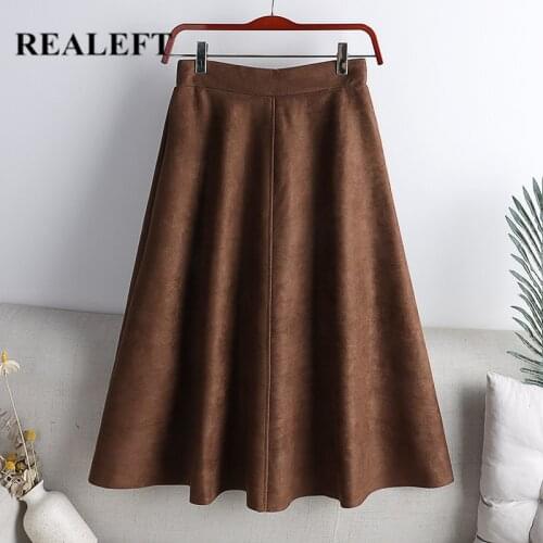 REALEFT Autumn Winter 2021 New Womens Suede Midi Skirts High Waist Solid Elegant A-Line Skirts Umbrella Ladies Skirt Female