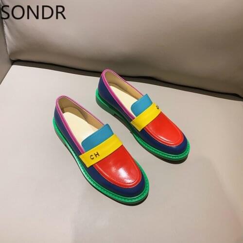 Womens Round Toe Rainbow Colors Real Cow Leather Low Heel Brogue Wingtip Shoes British Style Loafers Moccasins Black