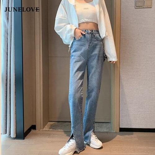JuneLove New High Waist Straight Jeans Women Vintage Boyfriend Split Denim Pants Wide Leg Jeans Casual Streetwear Long Trousers