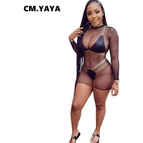 CM.YAYA Women Set Solid PU Bra and Paties Mesh See-through Full Sleeve Mini Dress Three Piece Sets Sexy Night Clubwear Summer