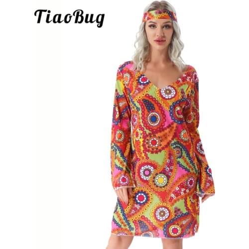 Womens 2-piece Set Hippie Girl Costume Retro Print Flared Sleeve Dress with Headband Disco Dresses