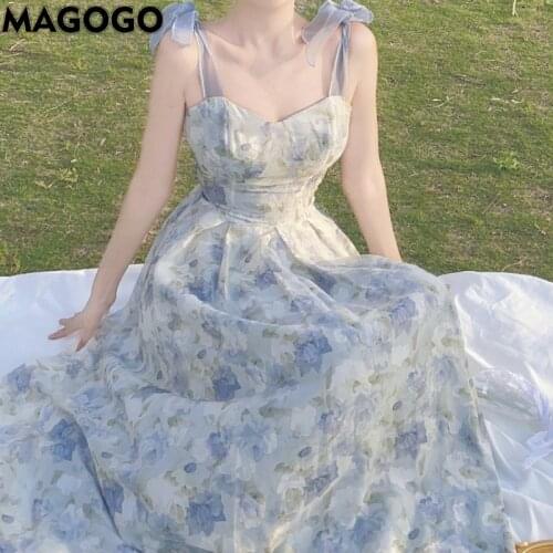 MAGOGO Floral Sling Dress Summer Square Neck Sleeveless High Waist Gentle Wind First Love Long Dress Size S-XL