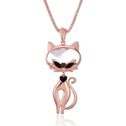 Rose Necklace Women Crystal Cat Pendant Jewelry collares largos de moda 2021 Long Statement Necklace kettingen Voor Vrouwen