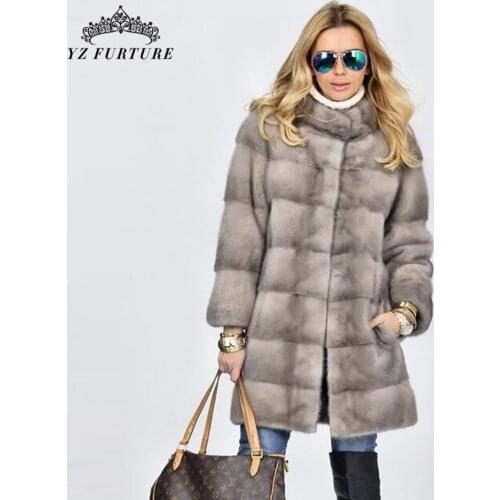 2021 New 90CM Long Natural Real Mink Fur Coat Stand Collar Women Genuine Full Pelt Winter Elegant Mink Fur Female Outer Clothing