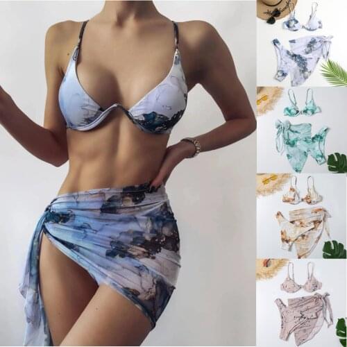3PCS Womens Swimsuit Suit Bikini Sexy Print Push Up Bra+Panties+Wrap Skirt Biquini Bathing Suit Bather for Swimming Beach