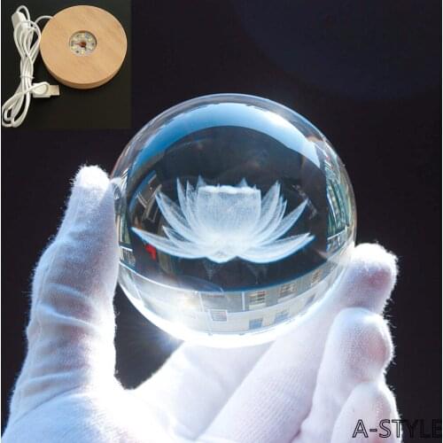 6CM/8CM Laser Engraving Lotus 3D Miniature Model Sphere K9 Crystal Glass Globe Jewelry Home Decoration With LED Lights