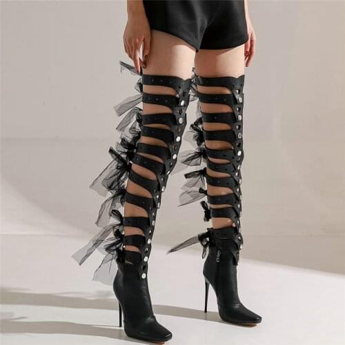 US 3-US 12 Women Lace Up Straps Slim High Heel Evening Party Gladiator Sandals Female Cut Out Square Toe Thigh High Pumps Shoes