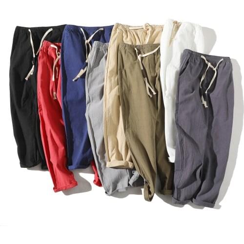 Lightweight Mens Summer Casual Pants Cotton Harem Trousers Elastic Waist Ankle-Length Mans Pants