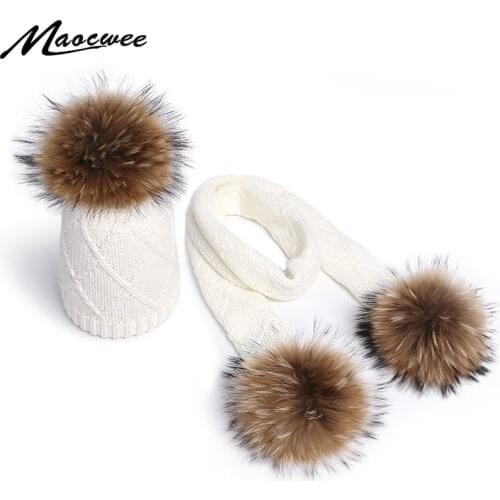 Two Pieces Scarf Hat Set Beanie Children Knit Thick Pure Colour Winter Warm Beanies With Pompon Skiing Snow Outdoor Hats Child