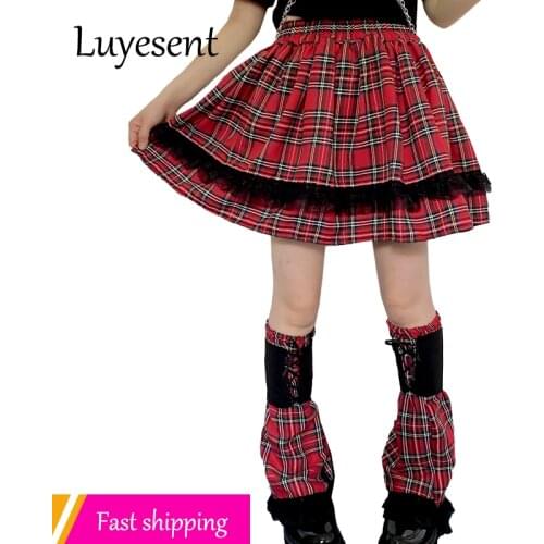 Harajuku Plaid Girl Short Pleated Skirt Street Y2k Lady Black Lace Street Mini Skirts Sweet Midi Korean Fashion Goth Clothes