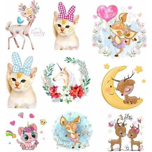 Cute Cat Deer Heat Vinyl Transfer For Clothing Animals Thermal Stickers Iron On Transfers For Clothes Appliques For Baby T-shirt