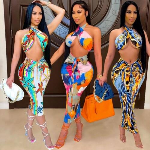 Fashion Print Skirt Two Piece Set Woman Halter Backless Crop Top And High Waist Party Club Ruched Bodycon Dress Tracksuit