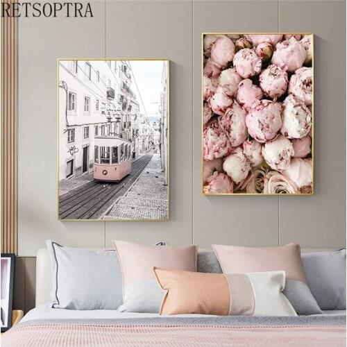 Fashion Nordic Pink Bus Architecture Landscape Print Poster Painting Flowers Rose Dandelion Home Decor Wall Painting Frameless