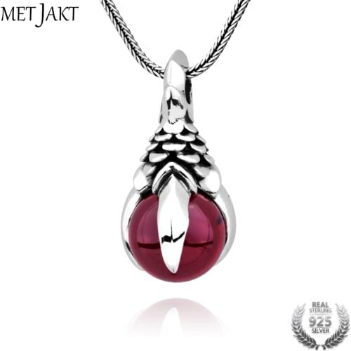 MetJakt Mens Punk Dragon Claw Garnet Pendant Necklace Solid 925 Sterling Silver and Snake Chain Handmade Jewelry