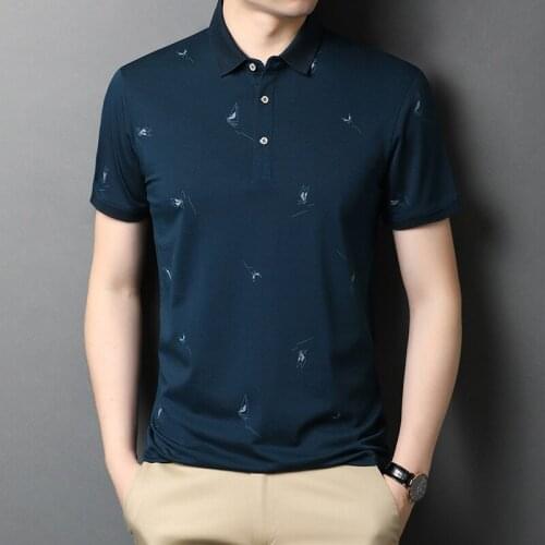 Mens mulberry silk business short-sleeved T-shirt 2020 summer new mens lapel printing trend casual half-sleeved t-shirt