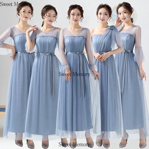 N2038 V-Neck Long Sleeve Gray Blue Bridesmaid Dresses Pink Red Wedding Party Dress Graduation Vestidos Sweet Memory