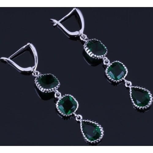 Unusual Water Drop Green Cubic Zirconia Silver Plated Drop Dangle Earrings V0838