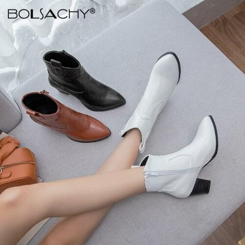 2020 New Pu Leather Pointed Toe Zip High Heels Shoes Woman Casual Party Autumn winter Ankle Boots Bottine Mujer Big Size 32-43