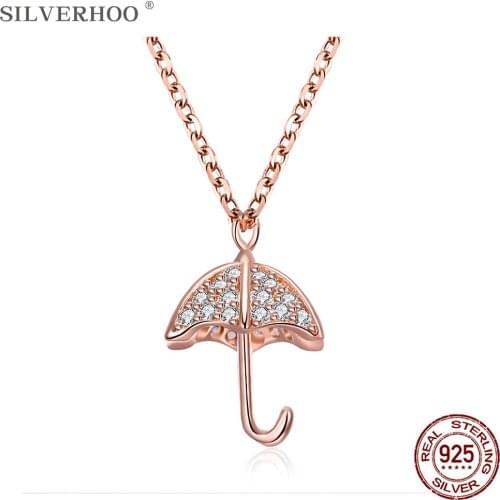 SILVERHOO 925 Sterling Silver Simple Umbrella Pendant Necklaces For Women Shiny Cubic Zirconia Rose Gold Color Necklace Jewelry