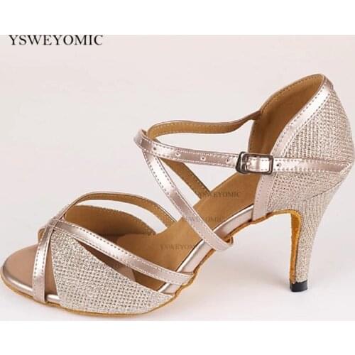 Women Ballroom Dance Shoes Gold Glitter Latin Salsa Tango Swing Rumba Waltz Peep-toe Dancing Sandals 5-10cm heel