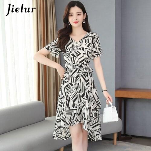Jielur Chiffon Women Dress V-neck Summer Dress A-line Slim New Dresses High Waist Short Sleeve Elegant Vestidos Robe Femme