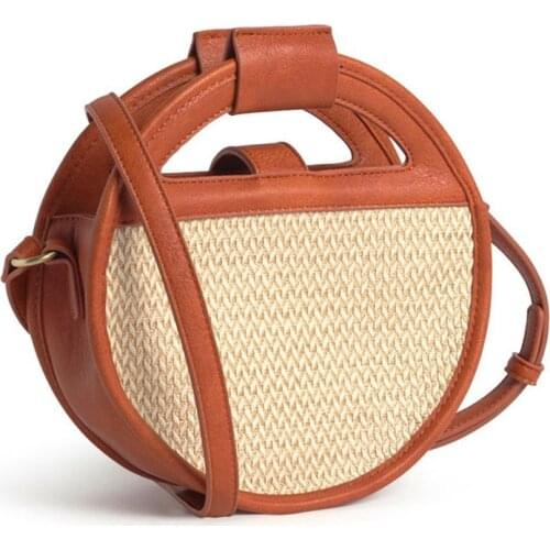 Straw Round Ladies Bascket Beach Bag Fashion PU Splicing Women Handbag Designer Round Crossbody Bags for Women Clutch Tote Purse