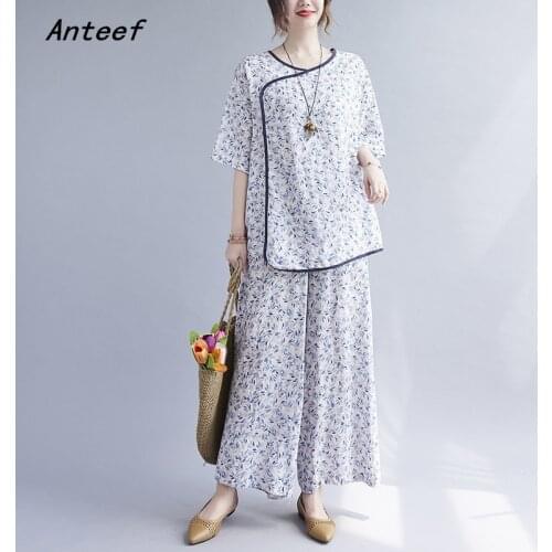 Cotton vintage summer casual 2 two piece set loose tee t shirt women t-shirt ladies tshirt 2021 tops wide leg pants