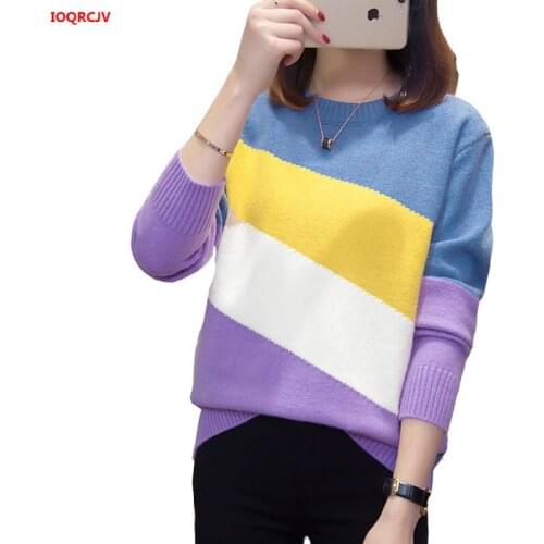 Fashion Patckwork Sweater Women Pullover Jumper Long Sleeve Thick Winter Korean Rainbow Oversized Knit Cashmere Sweaters W1775