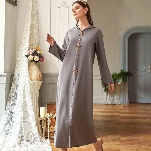 Women Morocco Jelleba Long Dress Loose A Line Handsewn Rhinestones Full Sleeve Indie Folk Muslim Hooded Abaya Dubai Arabic Gown