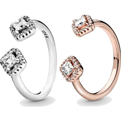 925 Sterling Silver Pandora Ring Rose Square SParkle OPen Rings With Crystal For Women Birthday Wedding Party EuroPe Jewelry