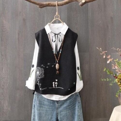 2021 Spring Autumn V-neck Womens Vest Loose Sweater Girls Literature And Art Leisure Student College Waistcoat Black