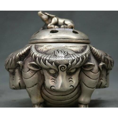 4.8" Marked Chinese China Silver Four Bull Oxen Head incense burner Censer
