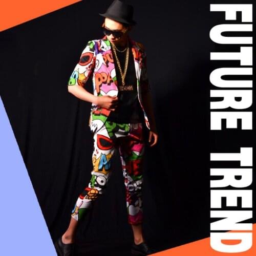 -5XL ! 2020 Bar Nightclub Mens New clothing slim singer DS DJ male graffiti suit set plus size stage costumes formal dress