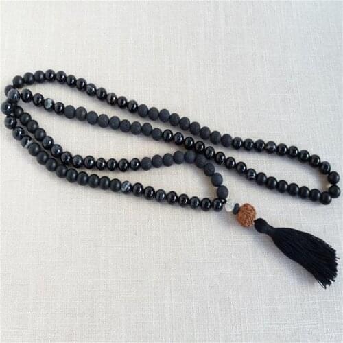 6 mm black agate volcanic stone tassel 108 beads Mala necklace Cuff Bless Buddhism Elegant Handmade Chic Classic Reiki