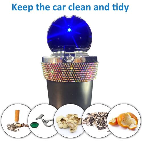 Car Cigarette Ashtray Pink Portable With Lid Smell Proof Bling Diamond Car Ashtray Blue Light for Women for Car Home Office